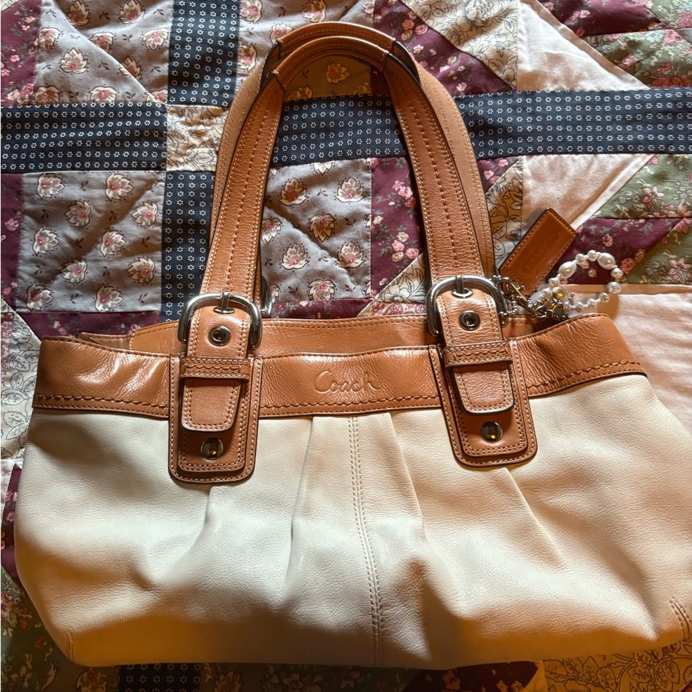 Coach Tan and Cream Shoulder Bag with Leather Trim